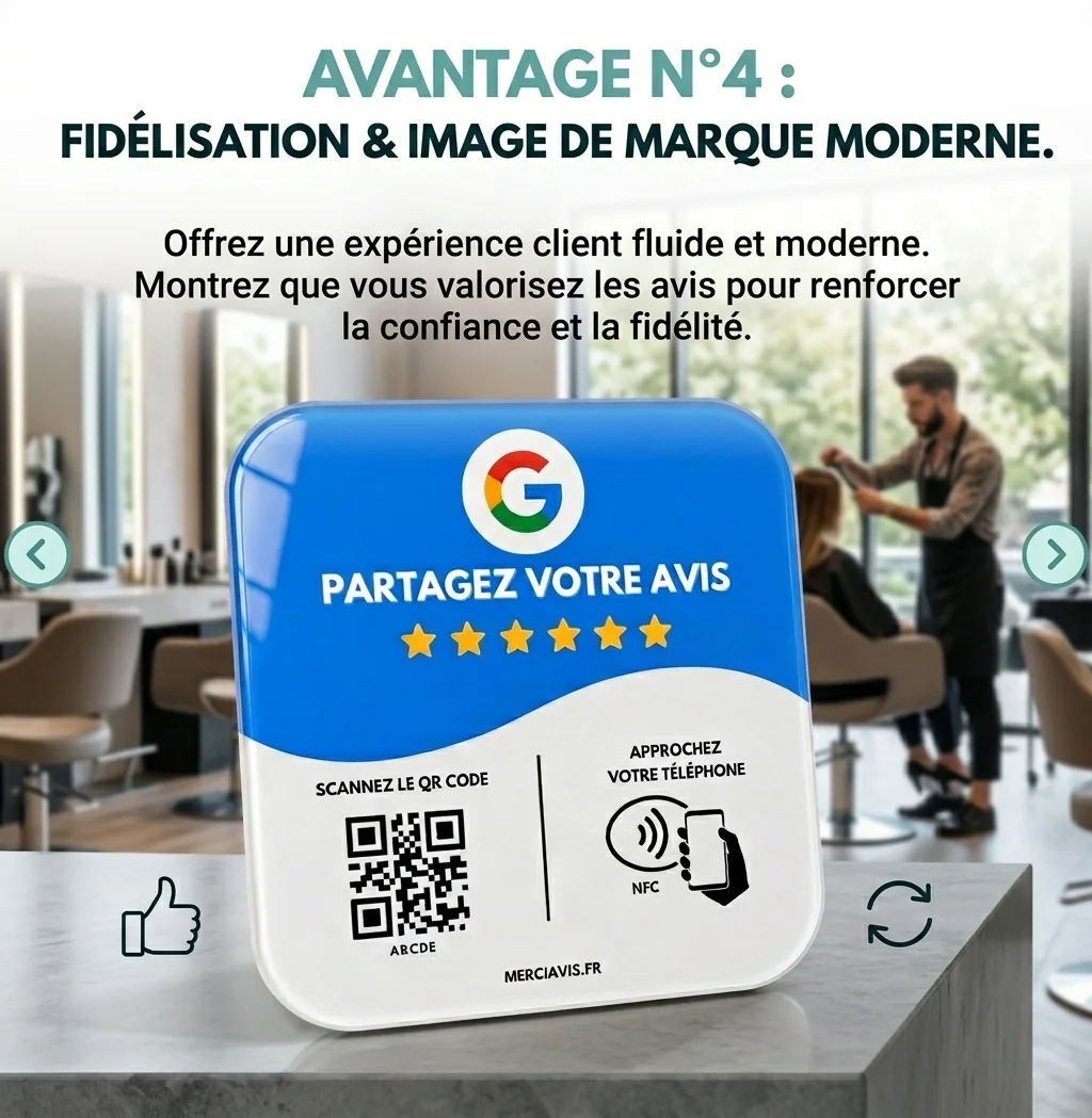 La plaque MerciAvis posée sur le comptoir d’un barbier