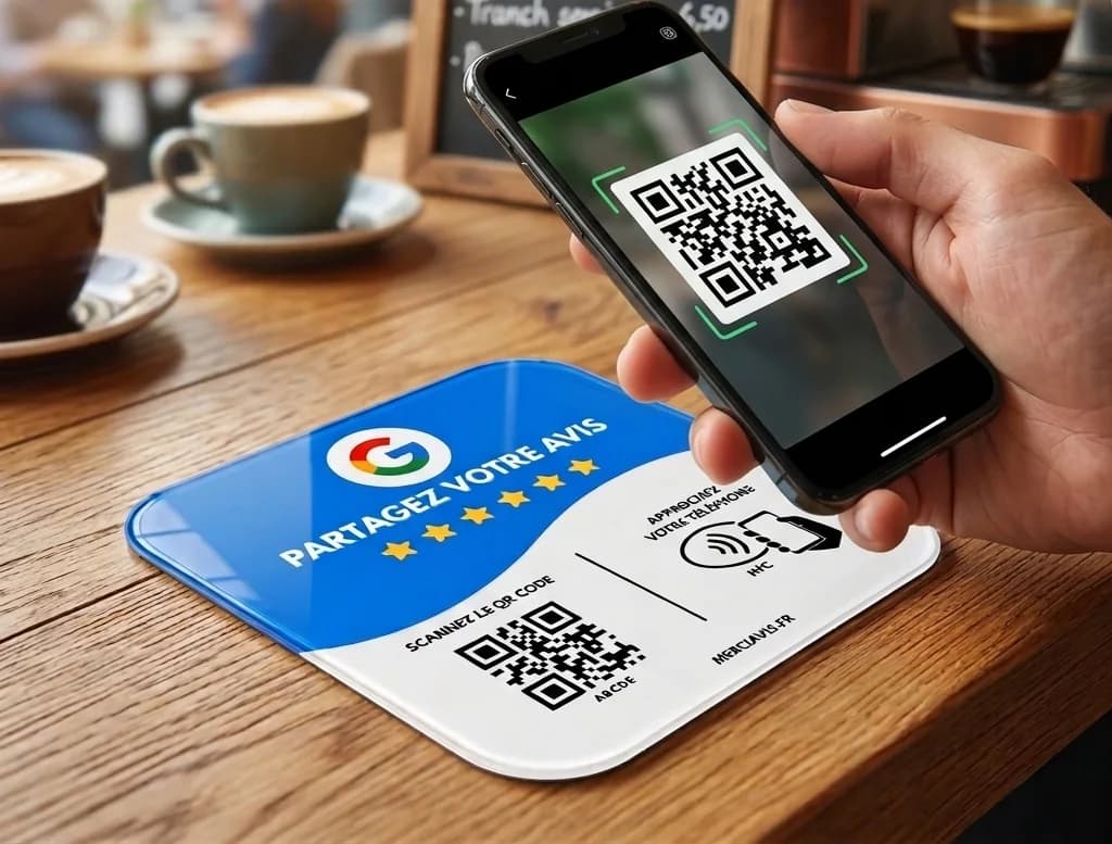 Un client scanne le QR code d’une plaque avec son téléphone
