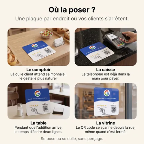 Où la poser : comptoir, caisse, table ou vitrine, se pose ou se colle sans perçage