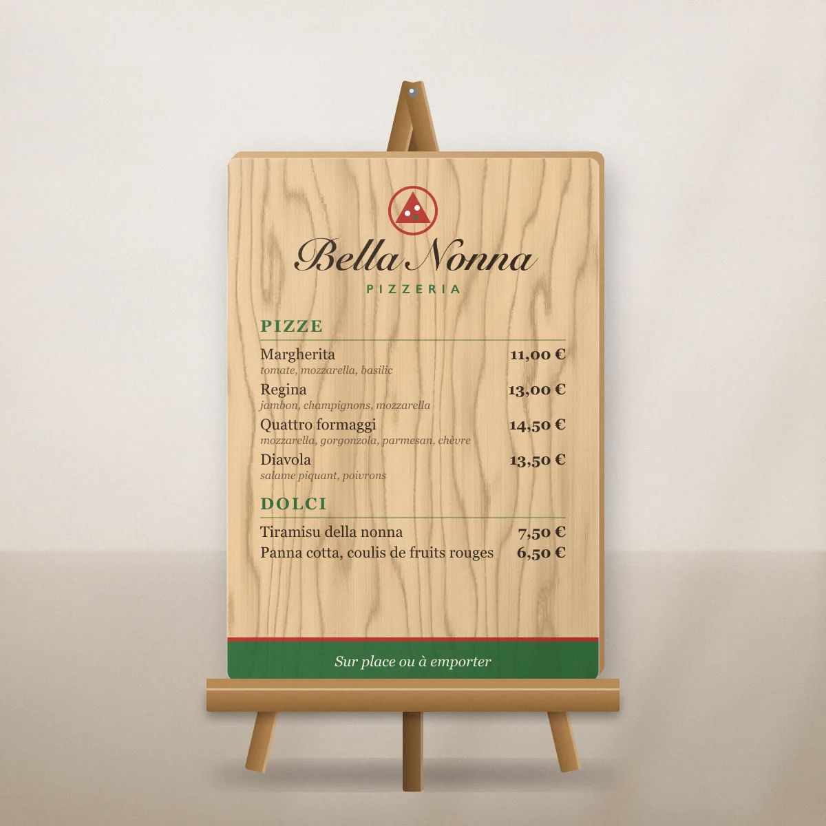 Menu de table en bois imprimé en couleur pour Bella Nonna, pizzeria fictive, avec la liste des pizzas et un QR code
