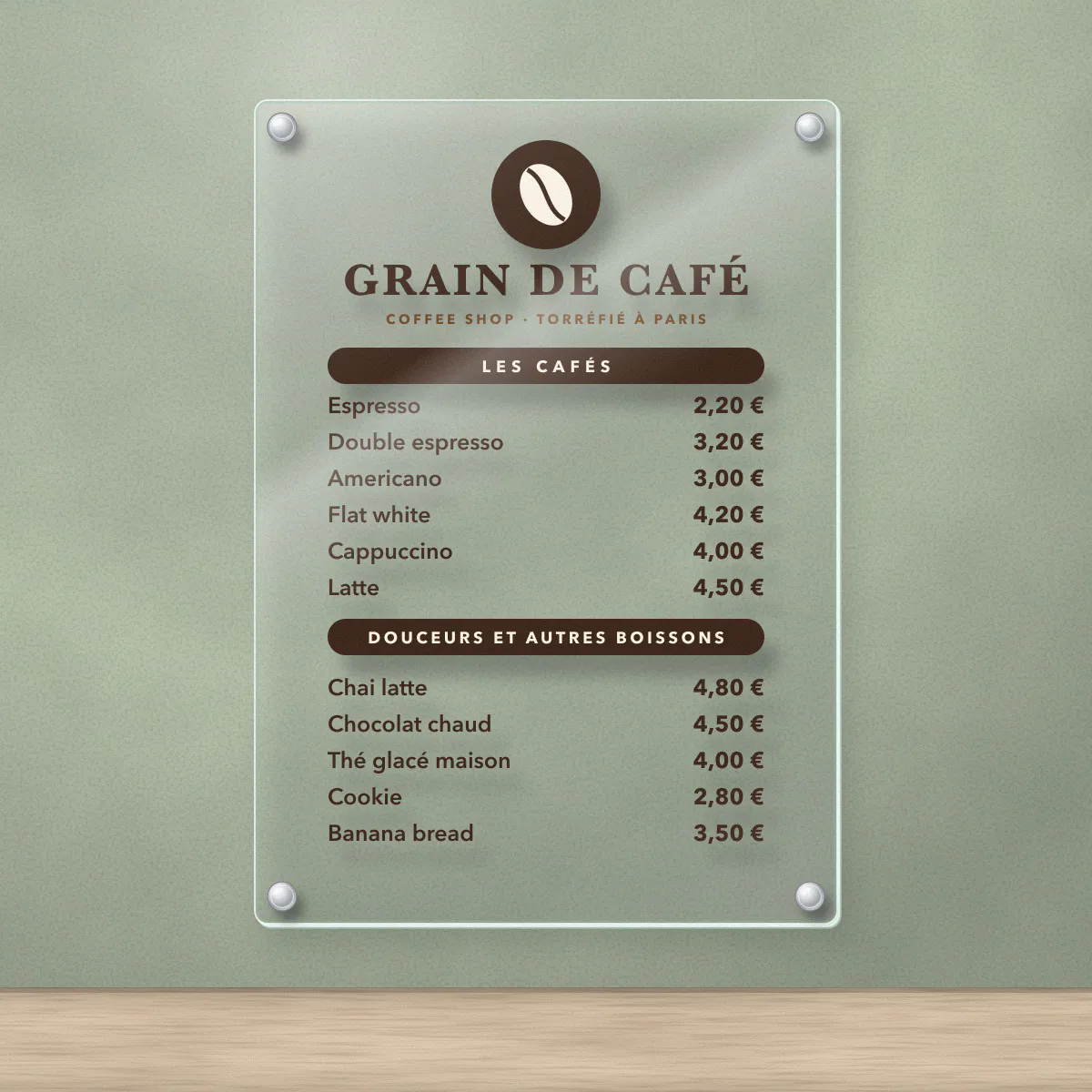 Menu mural en plexiglas au format A2 pour le coffee shop fictif Grain de Café, carte des boissons imprimée en couleur