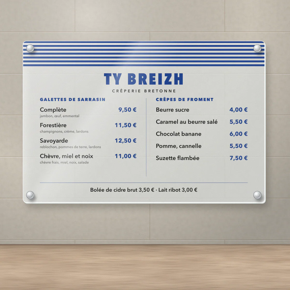 Panneau menu mural de 60 x 40 cm en plexiglas pour la crêperie fictive Ty Breizh