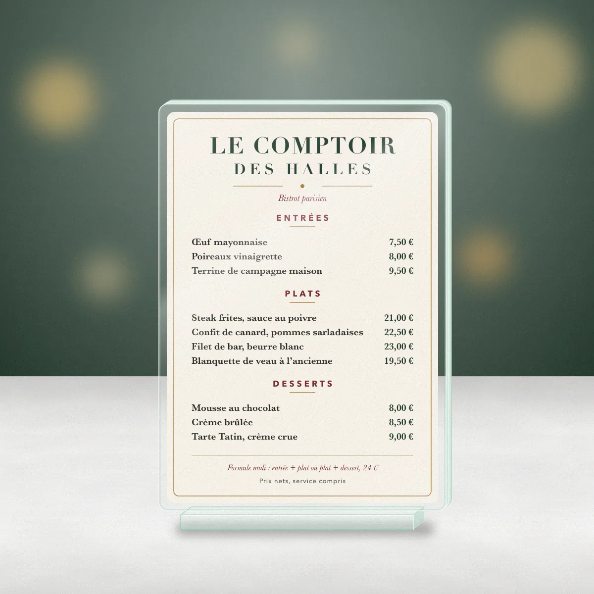 Menu en plexiglas A5 sur chevalet posé sur une table du bistrot fictif Le Comptoir des Halles, carte imprimée en couleur