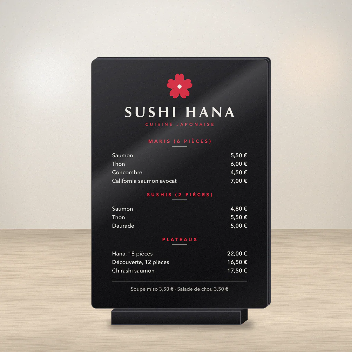 Menu en plexiglas au format A4 avec photos de plats pour le restaurant japonais fictif Sushi Hana