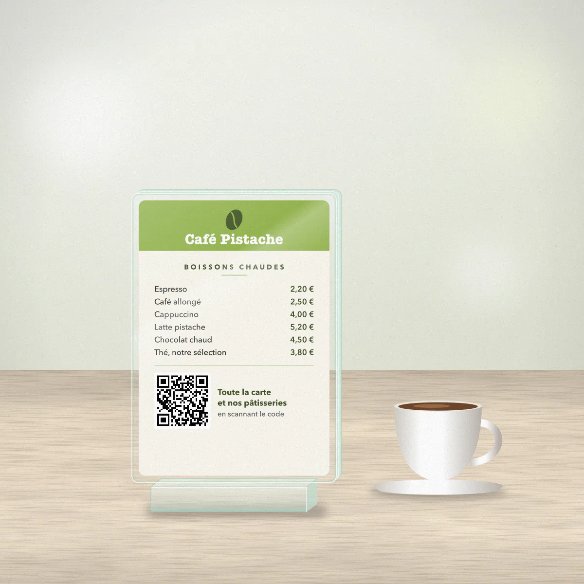 Petit menu en plexiglas A6 avec QR code vers la carte en ligne, pour le café fictif Café Pistache