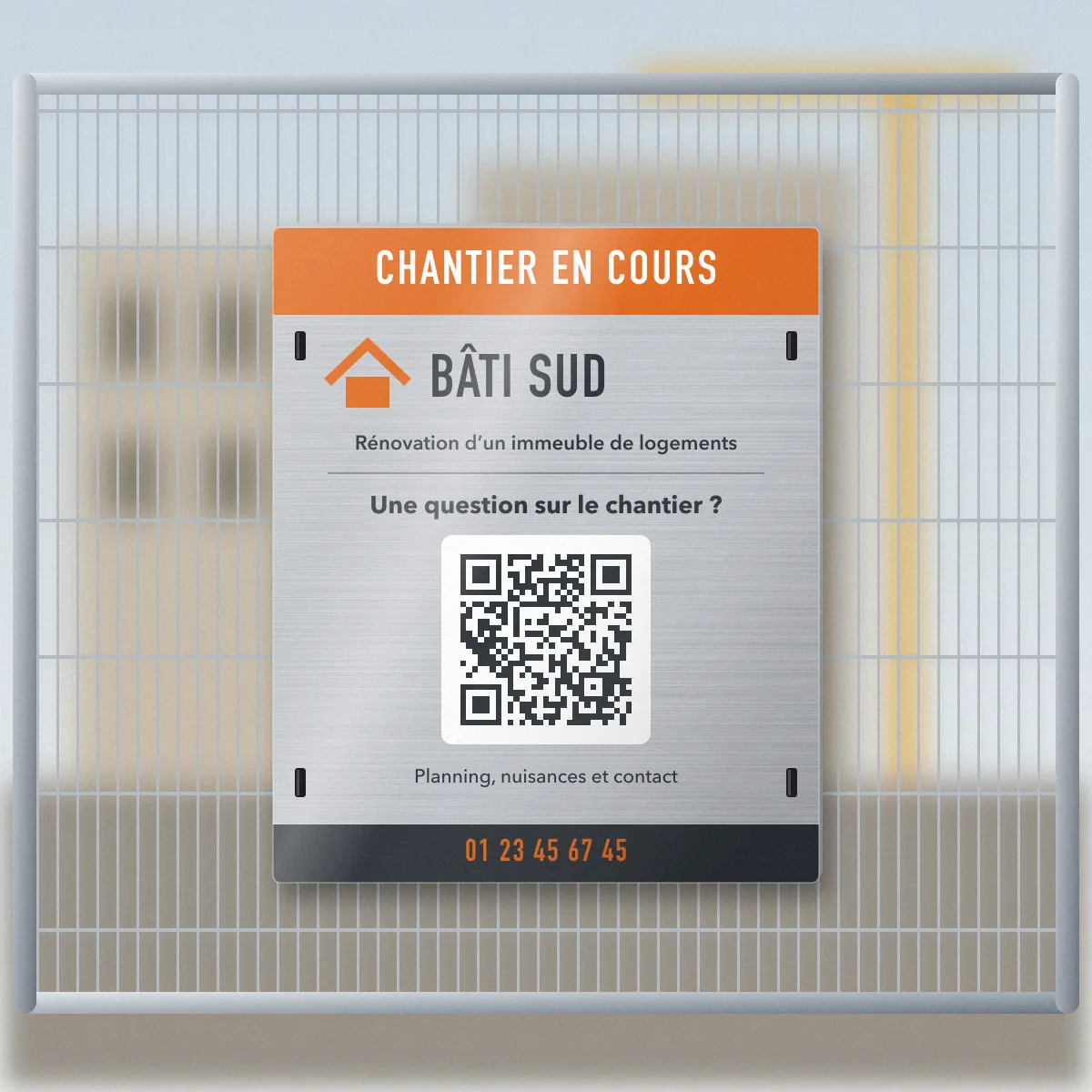 Plaque métallique QR code fixée sur la palissade d’un chantier de Bâti Sud, entreprise de BTP fictive