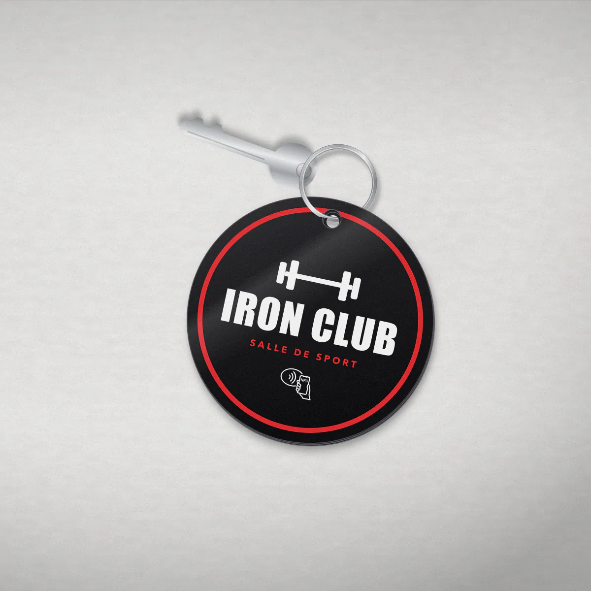 Porte-clé NFC rond de 40 mm en acrylique pour la salle de sport fictive Iron Club