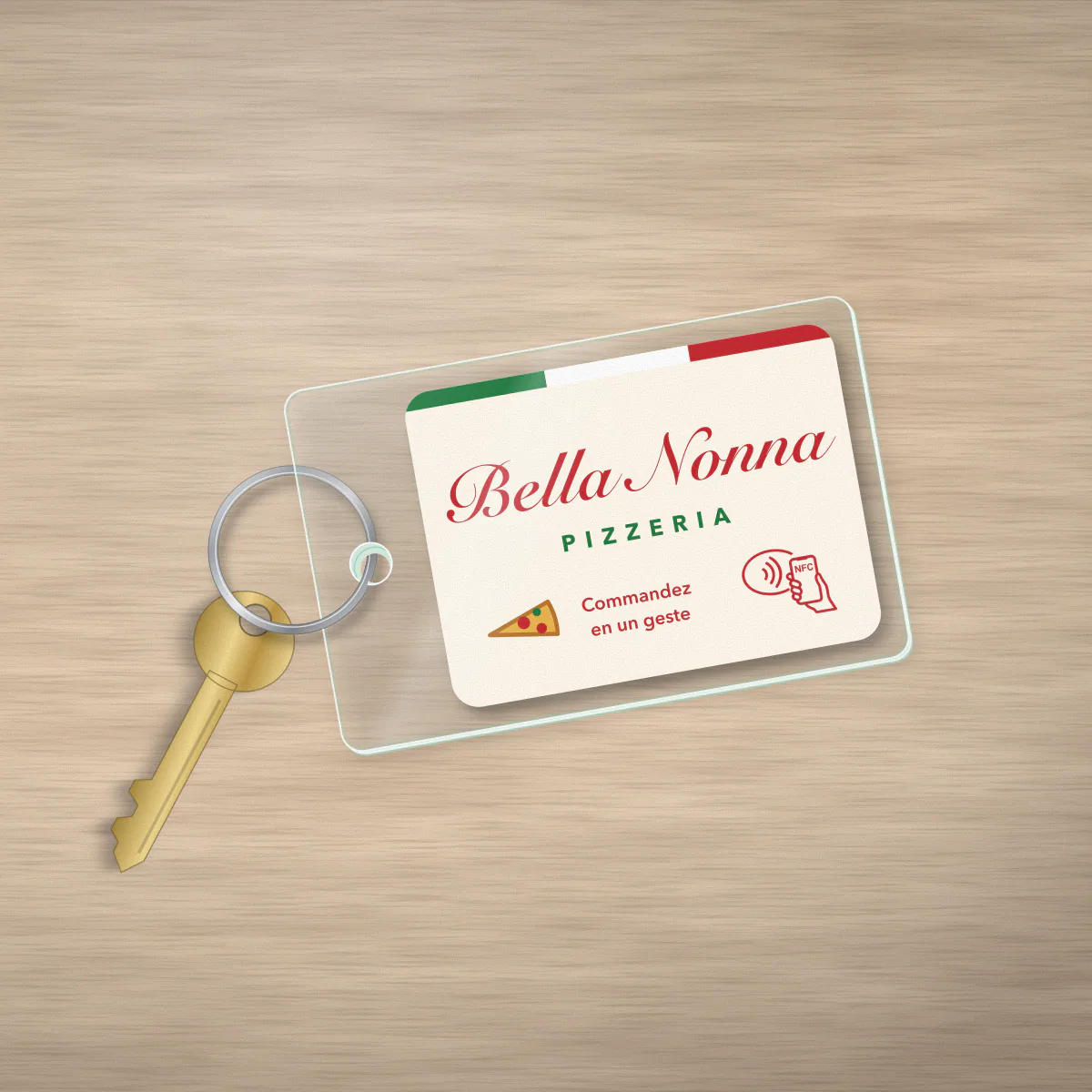 Porte-clé NFC rectangulaire de 55 x 35 mm pour la pizzeria fictive Pizzeria Bella Nonna, logo en couleur et QR code