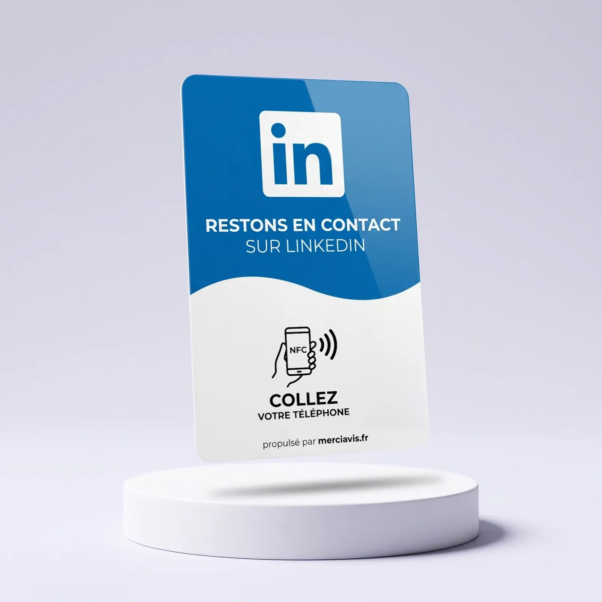 Carte NFC MerciAvis modèle LinkedIn, mention « Restons en contact sur LinkedIn », à présenter en salon ou en rendez-vous