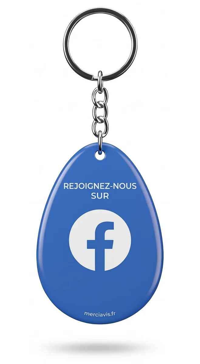 Porte-clés NFC MerciAvis bleu en forme de goutte, avec le logo Facebook et la mention « Rejoignez-nous sur »