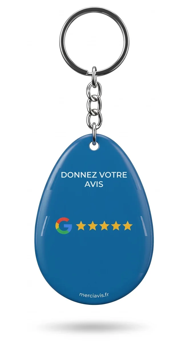 Porte-clés MerciAvis bleu en forme de goutte, « Donnez votre avis » et logo Google, à tendre en fin d’intervention