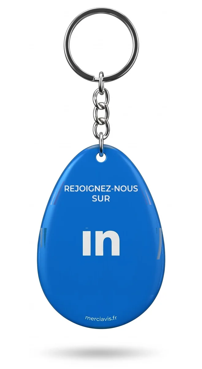 Porte-clés NFC MerciAvis modèle LinkedIn, bleu en forme de goutte, « Rejoignez-nous sur », avec anneau métallique
