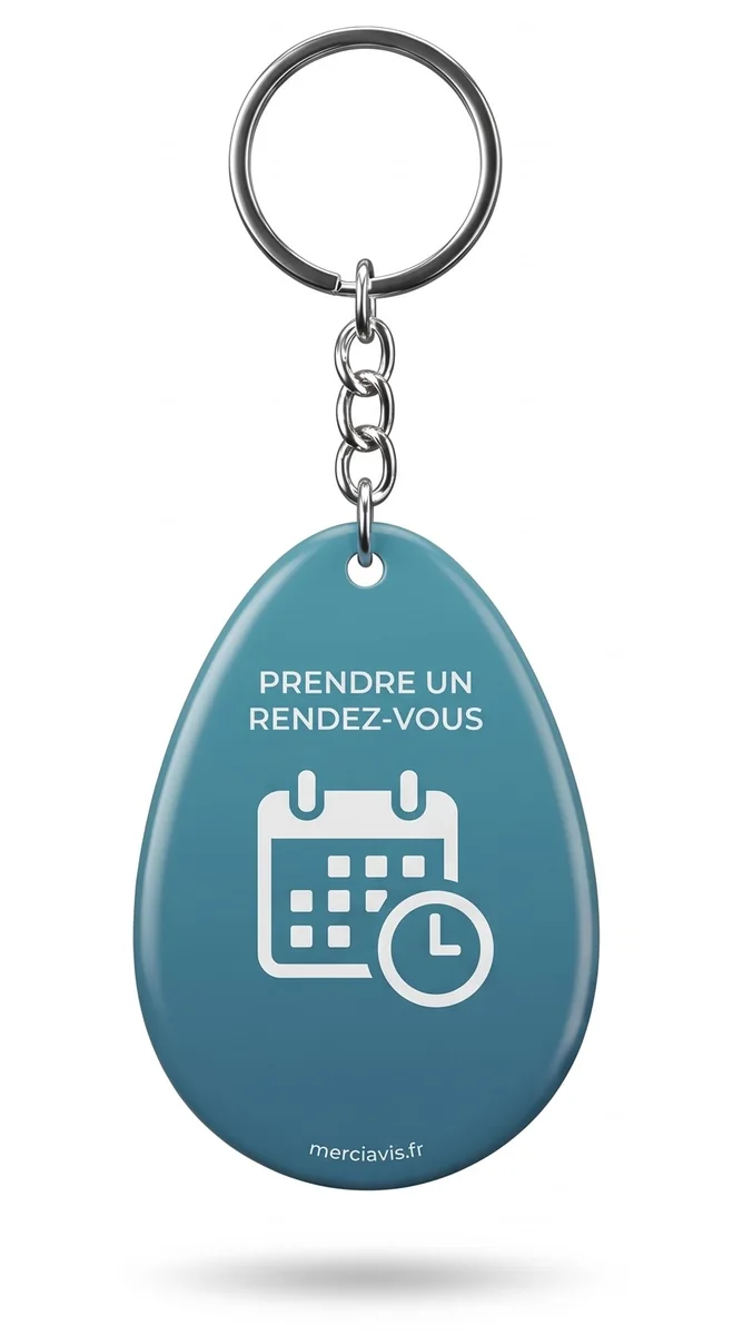 Porte-clés NFC MerciAvis modèle Prendre rendez-vous, à tendre en fin de séance pour réserver le prochain créneau