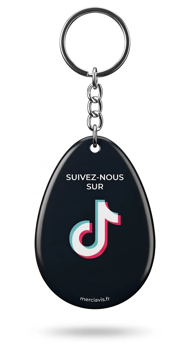Porte-clés NFC MerciAvis modèle TikTok, en résine brillante avec anneau métallique, à approcher du téléphone