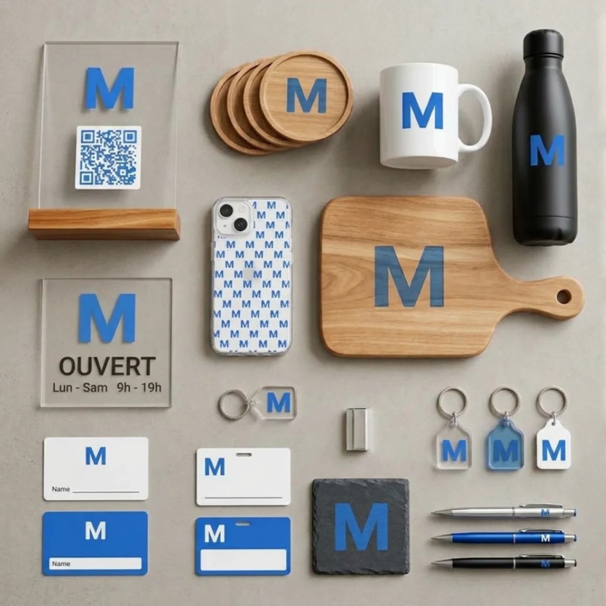 Objets personnalisés imprimés en couleur avec un même logo bleu : plaque en plexiglas sur socle en bois avec QR code, plaque d’horaires, dessous de verre et planche en bois, porte-clés en acrylique, badges et stylos