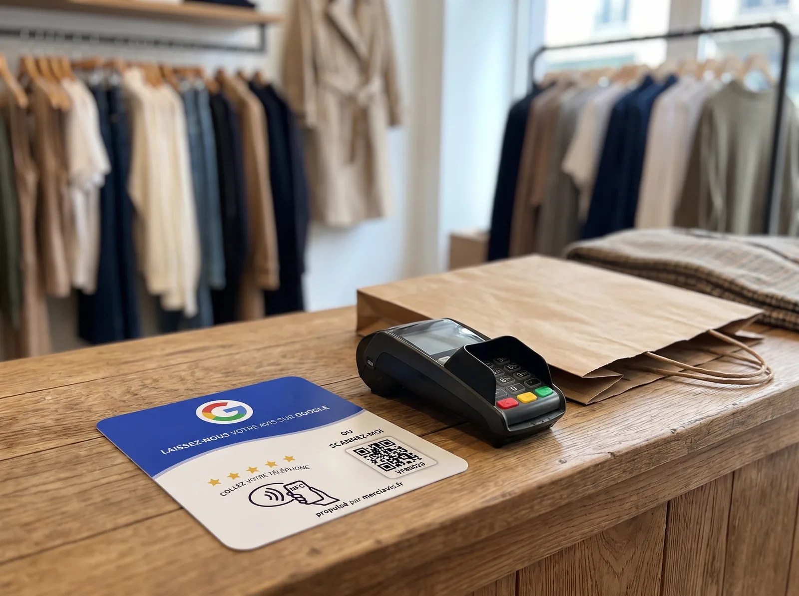 La plaque sur le comptoir d’une boutique de vêtements, portants en arrière-plan.