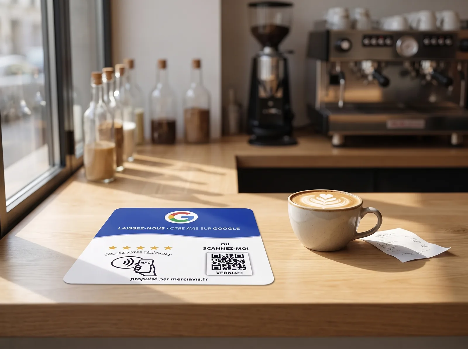 La plaque MerciAvis posée sur le comptoir d’un café, à côté d’une tasse, la machine à expresso en fond