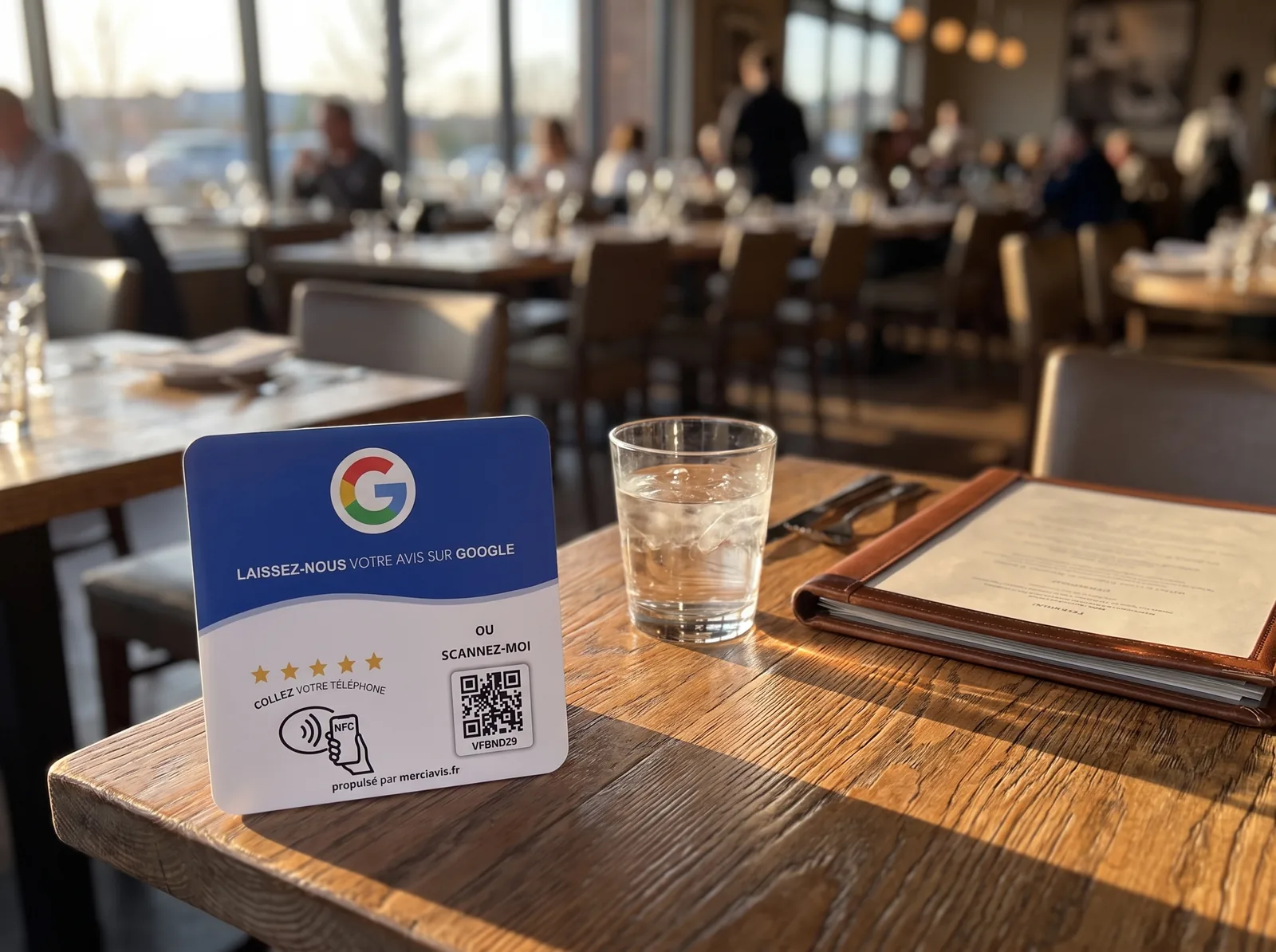 La plaque posée sur la table d’un restaurant, deux clients attablés derrière.